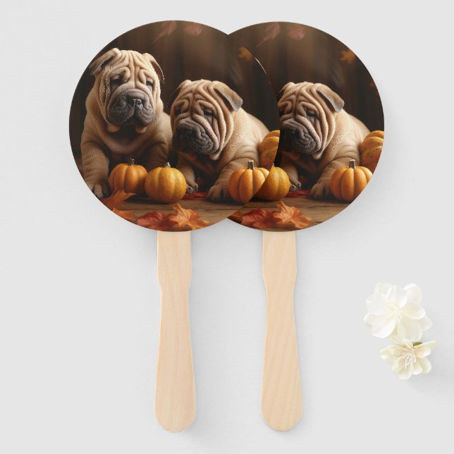 Éventail Shar Pei Chiot Automne Citrouille de plaisir (Devant et derrière)