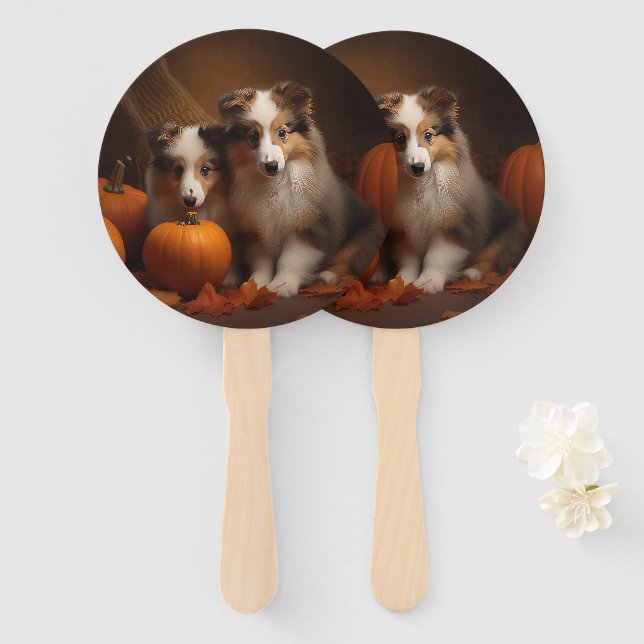 Éventail Shetland Sheepdog Chiot Chiot Automne Citrouille d (Devant et derrière)