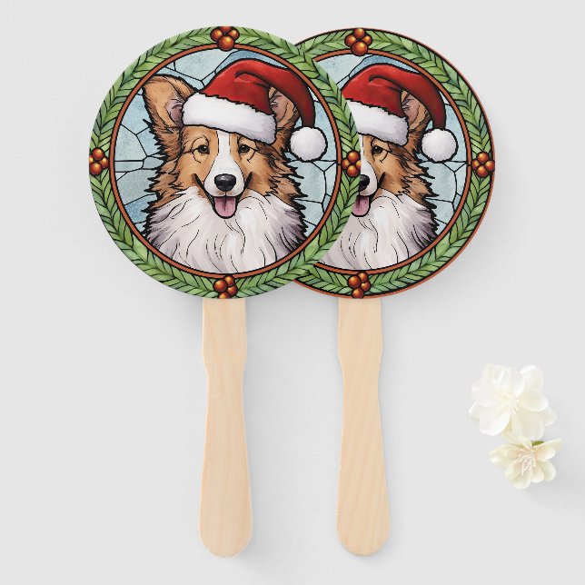 Éventail Shetland Sheepdog Vitrail Noël (Devant et derrière)