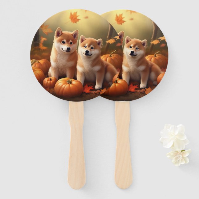 Éventail Shiba Inu Chiot Automne Citrouille de plaisir (Devant et derrière)