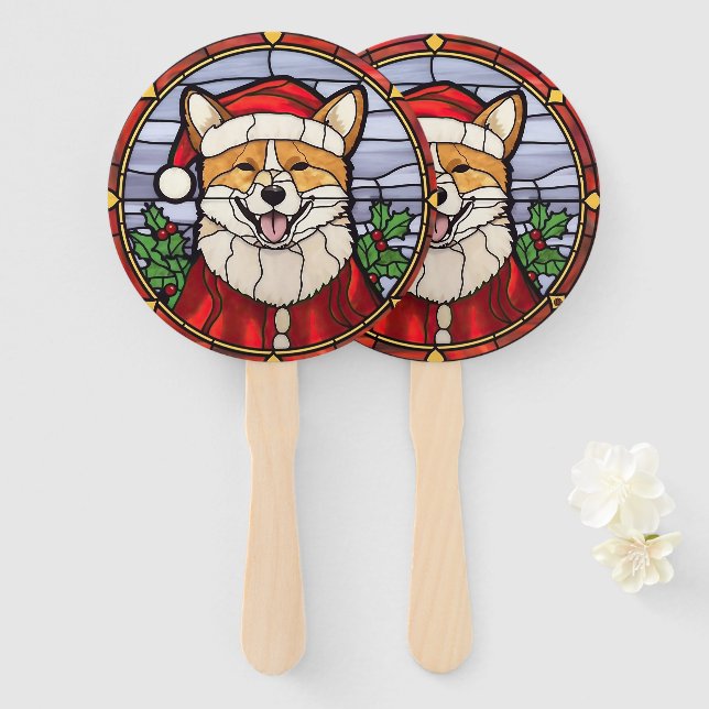 Éventail Shiba Inu Vitrail Noël (Devant et derrière)