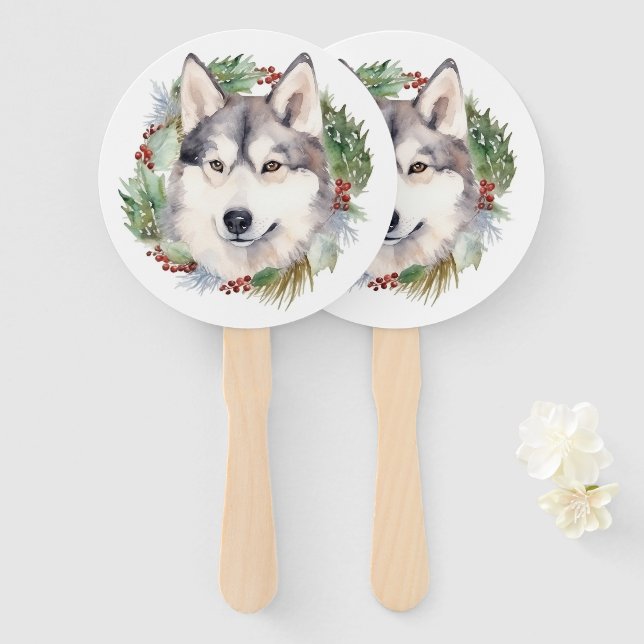 Éventail Sibérie Husky Christmas Wreath Festive Pup (Devant et derrière)