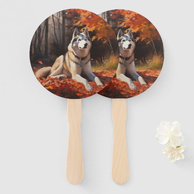Éventail Sibérie Husky en automne Feuilles automne Inspire  (Devant et derrière)