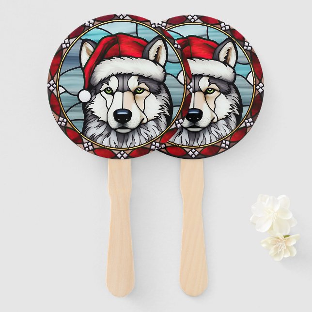 Éventail Sibérien Husky Vitrail Noël (Devant et derrière)