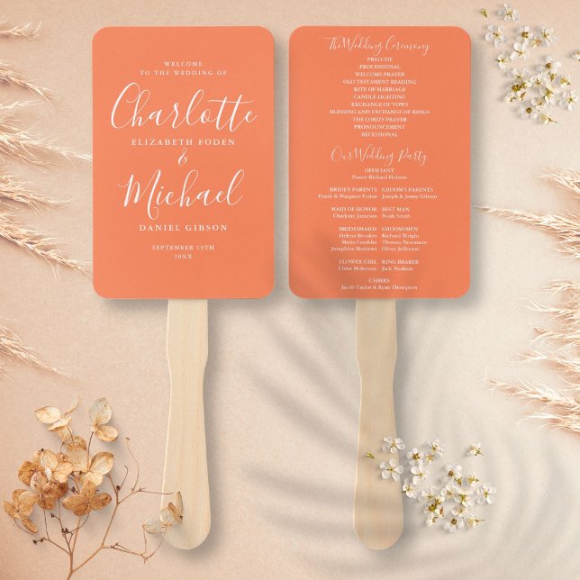 Éventail Signature Script Coral Wedding Programme (Signature Script Coral Wedding Program Hand Fan)