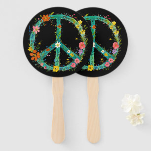 Éventail Signe de paix floral hippie sur fond noir