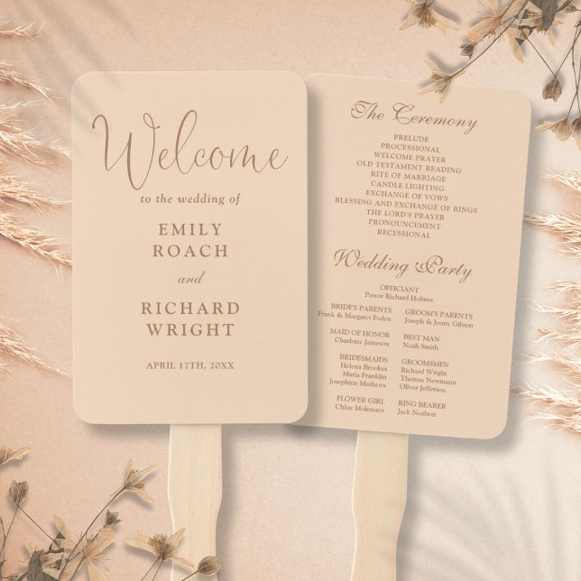 Éventail Soft Peach Elegant Script Wedding Programme (Soft Peach Elegant Script Wedding Program Hand Fan)
