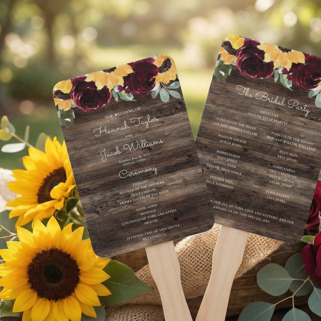 Éventail Sunflower et Rose Rustic Wood Wedding Program (Créateur téléchargé)