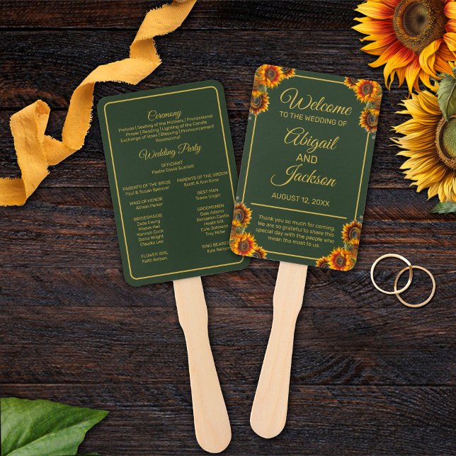 Éventail Sunflower Mariage Green & Gold Wedding Programme (Créateur téléchargé)