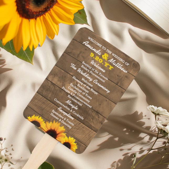 Éventail Sunflowers & Rustic Wood Wedding Programme Ventila (Créateur téléchargé)