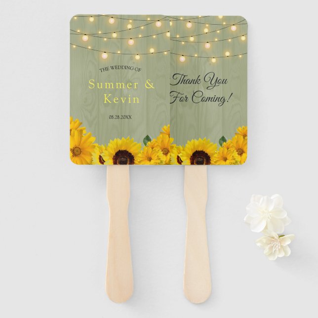 Éventail Sunflowers Sage Wood Lights Mariage Merci (Devant et derrière)