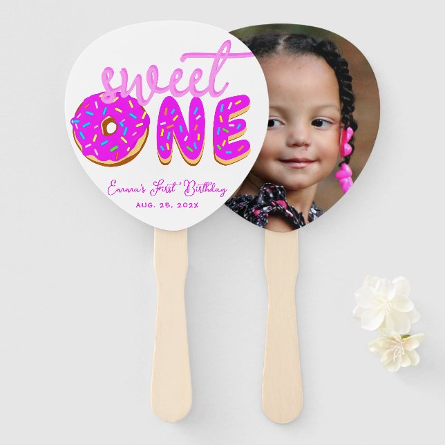 Éventail Sweet One Rose Girl First Birthday Donut Sprinking (Devant et derrière)