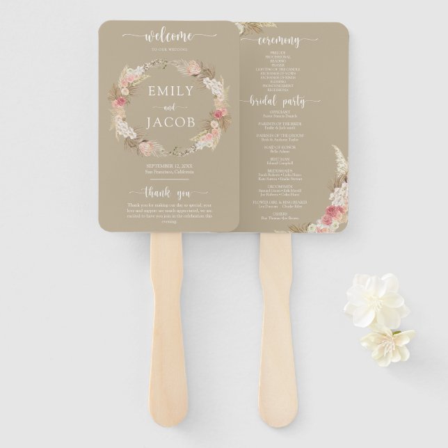 Éventail Taupe Boho Floral Wedding Programme main Ventilate (Devant et derrière)