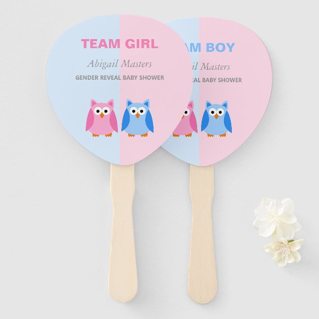 Éventail Team Boy ou Team Girl Owl Sexe Reveal Show (Devant et derrière)