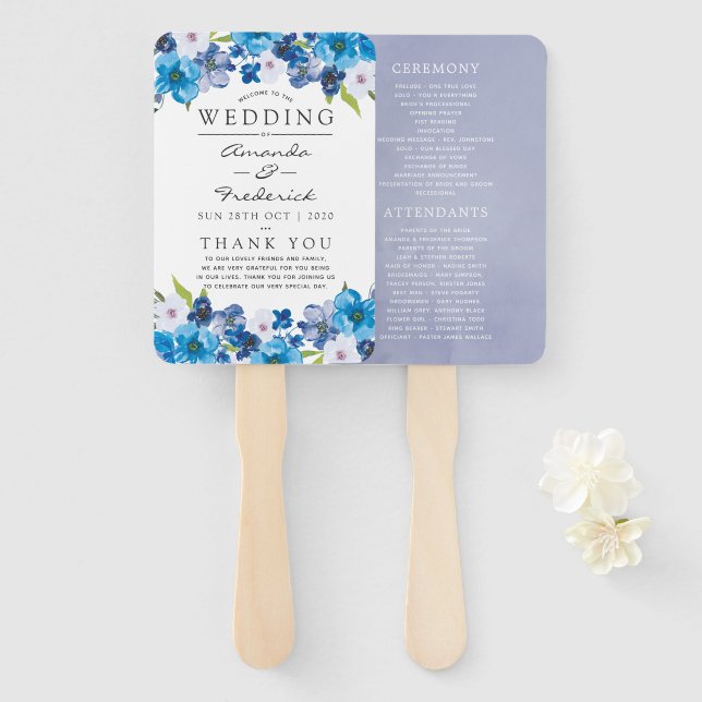 Éventail Teintes du programme de mariage floral bleu (Devant et derrière)