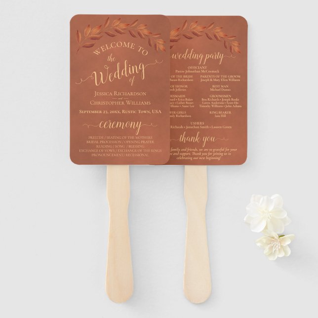 Éventail Terracotta Feuilles Élégant programme de mariage (Devant et derrière)