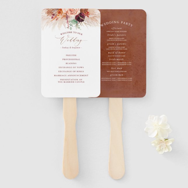 Éventail Terracotta Floral Wedding Programme Ventilateur À  (Devant et derrière)