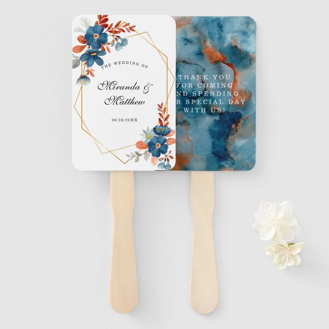 Éventail Terracotta Marine Bleu Mariage géométrique Merci (Devant et derrière)