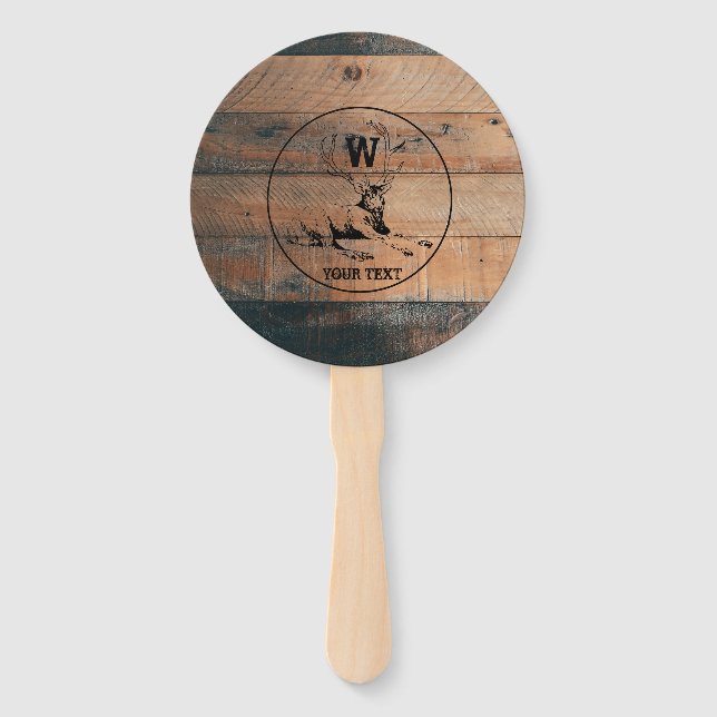 Éventail Texture en bois rustique et monogramme de cerfs su (Devant)