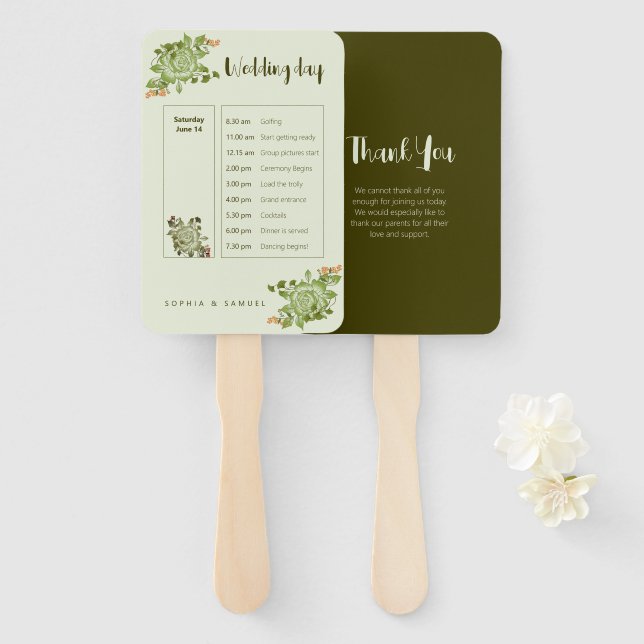 Éventail Thème de Mariage Floral Rose vert (Devant et derrière)