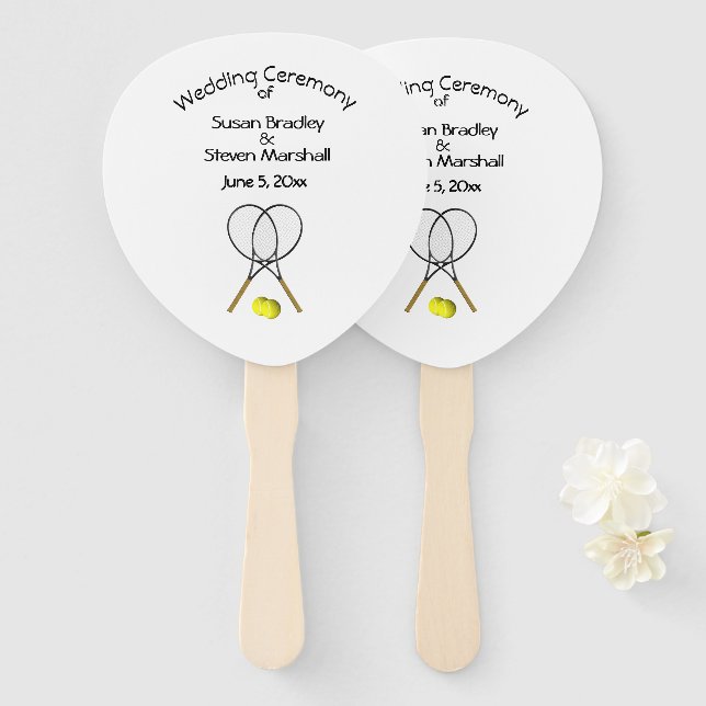Éventail Thème de Tennis Mariage Blanc Main Ventilateur (Devant et derrière)
