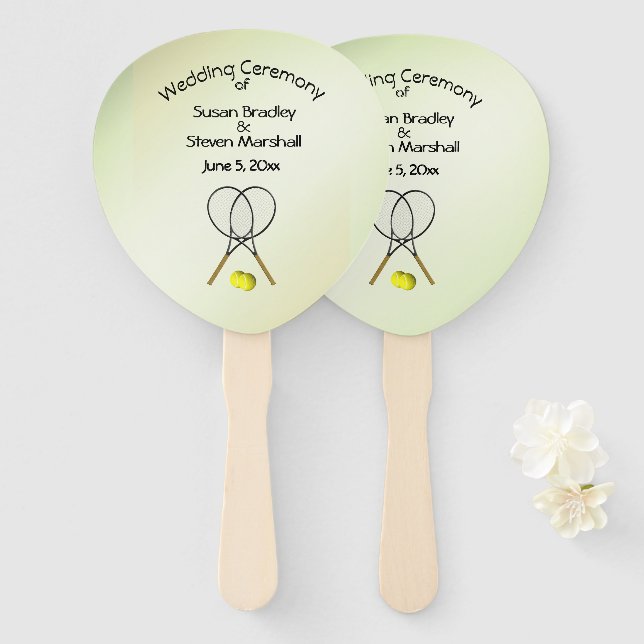 Éventail Thème de tennis Mariage vert main ventilateur (Devant et derrière)