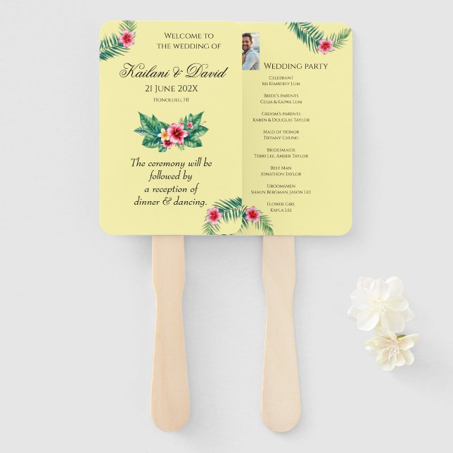 Éventail Thème mariage à fleurs tropicales (Devant et derrière)
