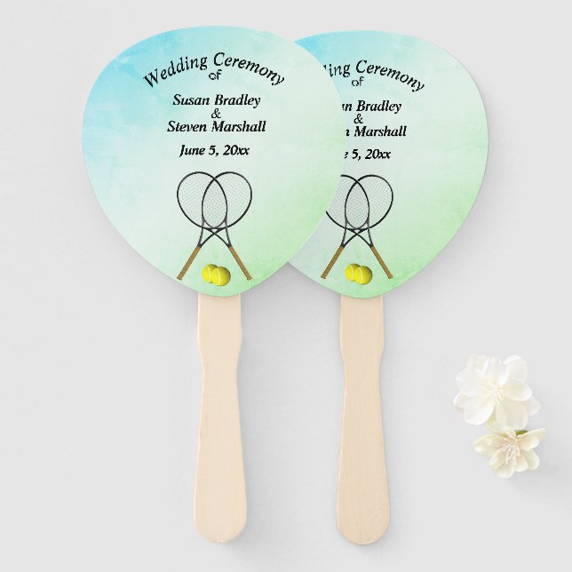 Éventail Thème Mariage de tennis Vert Main Ventilateur (Devant et derrière)