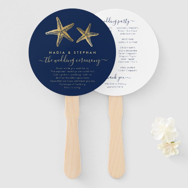 Éventail Thème nautique Mariage Starfish Gold Marine Bleu (Devant et derrière)