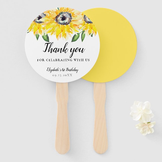 Éventail Tournesol Anniversaire Première aquarelle Floral 1 (Devant et derrière)