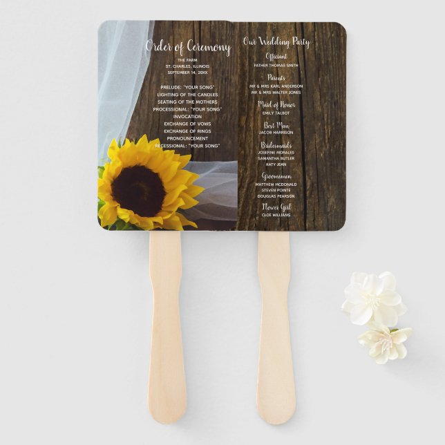 Éventail Tournesol jaune rustique et Mariage en bois de gra (Devant et derrière)