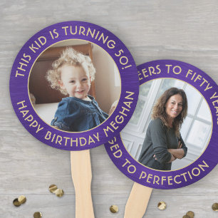 Éventail TOUT Anniversaire 2 Photos Rond Violet et Or Bross