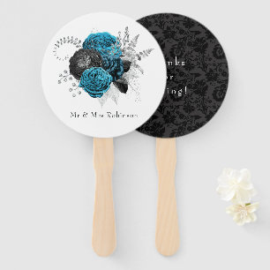 Éventail Turquoise - Sarcelle Mariage Floral Noir et Argent