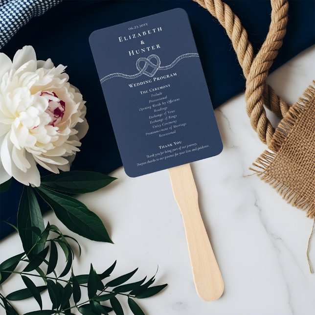 Éventail Tying The Knot Rope Heart Navy Wedding Program  (Tying The Knot Rope Heart Navy Wedding Program Hand Fan)