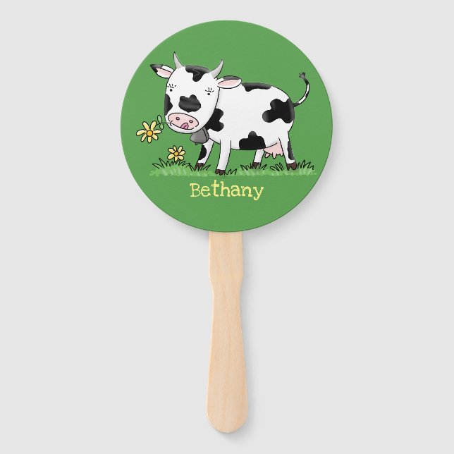 Éventail Vache mignonne en vert dessin animé sur le terrain (Devant)