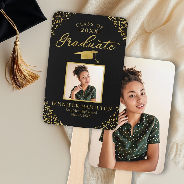 Éventail Ventilateur à main Black Gold Confetti 2 Photo Gra (Créateur téléchargé)