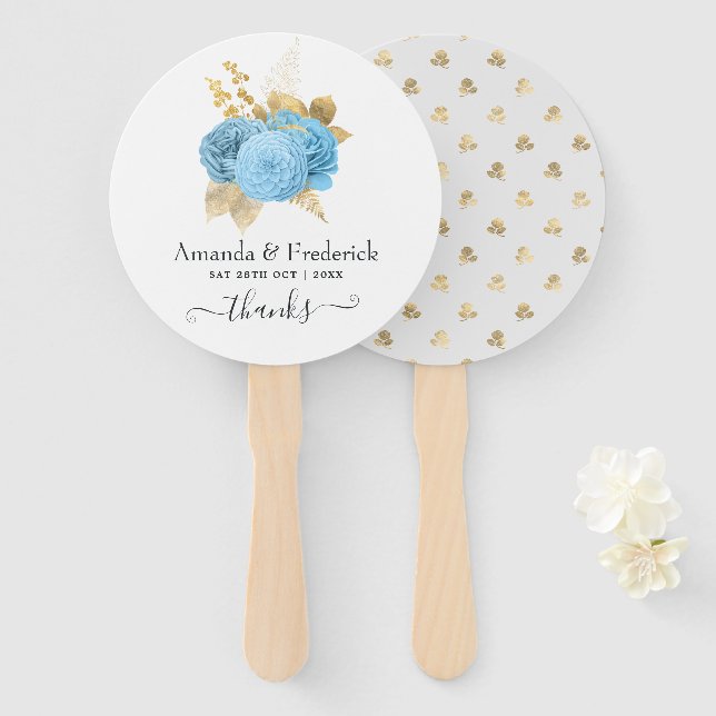 Éventail Ventilateur à main Mariage bleu et or Aqua (Devant et derrière)