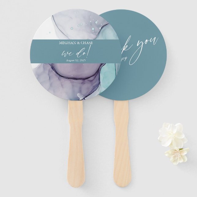 Éventail Ventilateur à main pour Mariage  à alcool Turquois (Devant et derrière)