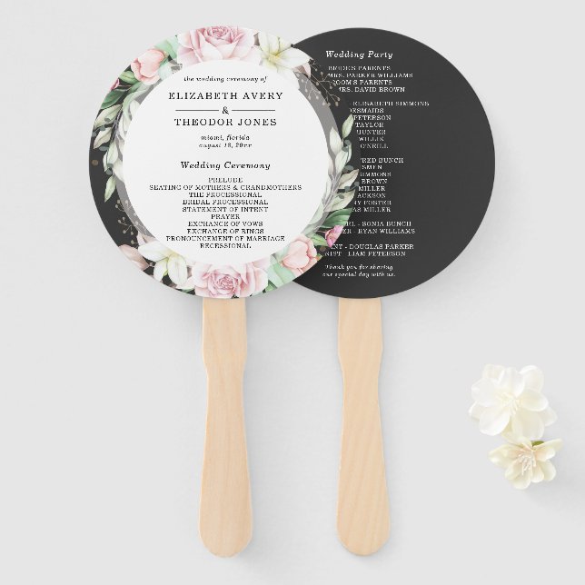 Éventail Ventilateur à main rose noire Floral Mariage (Devant et derrière)