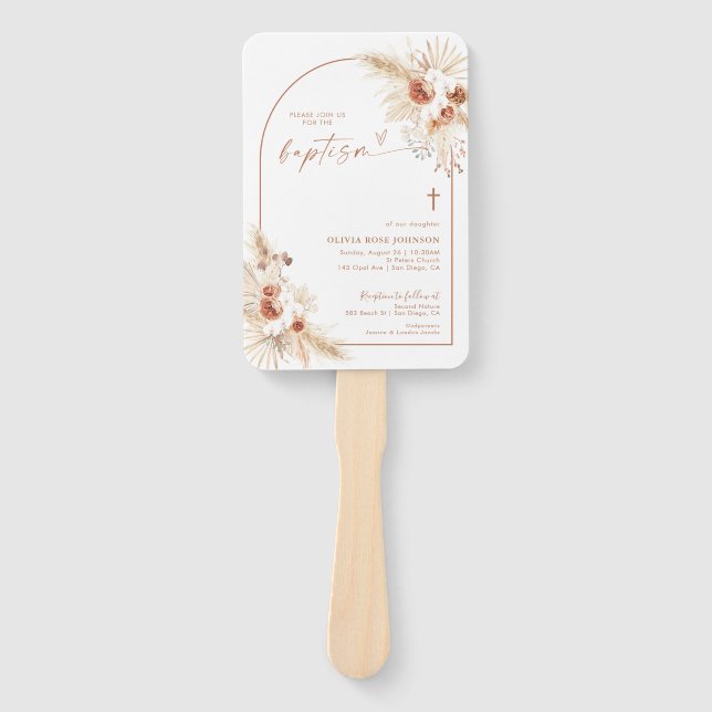 Éventail Ventilateur Baptême Boho, Baptême Grass Pampas (Devant)