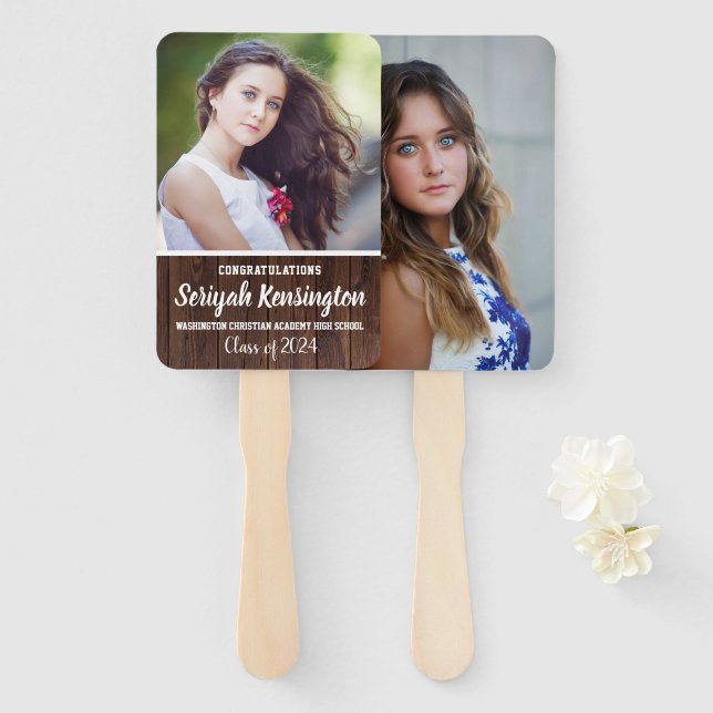Éventail Ventilateur de diplôme Rustic Wood Femme Photo (Devant et derrière)