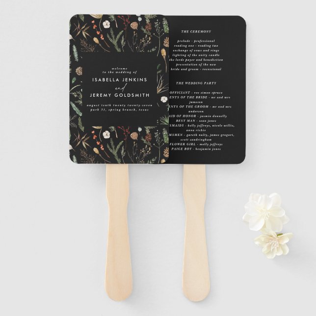 Éventail Ventilateur de main mariage floral noir (Devant et derrière)