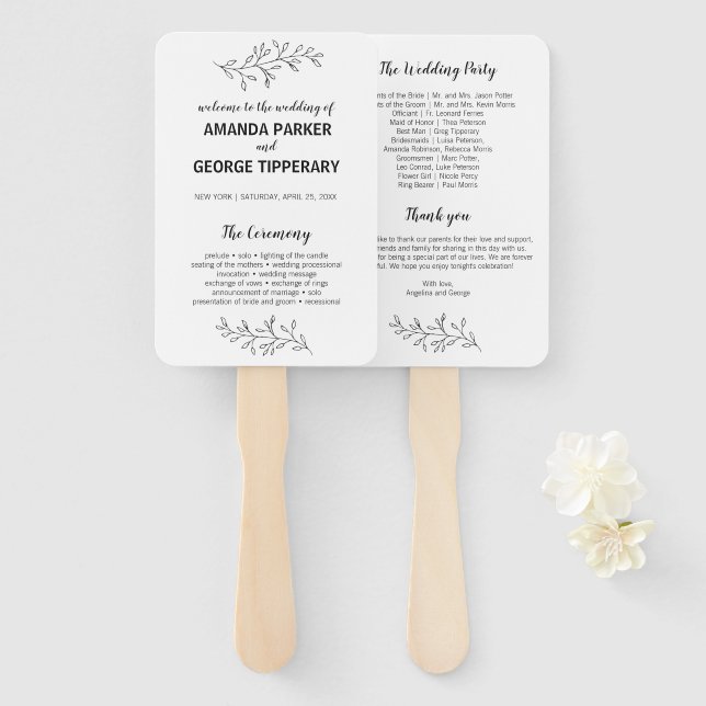 Éventail Ventilateur de programme de mariage rustique et él (Devant et derrière)