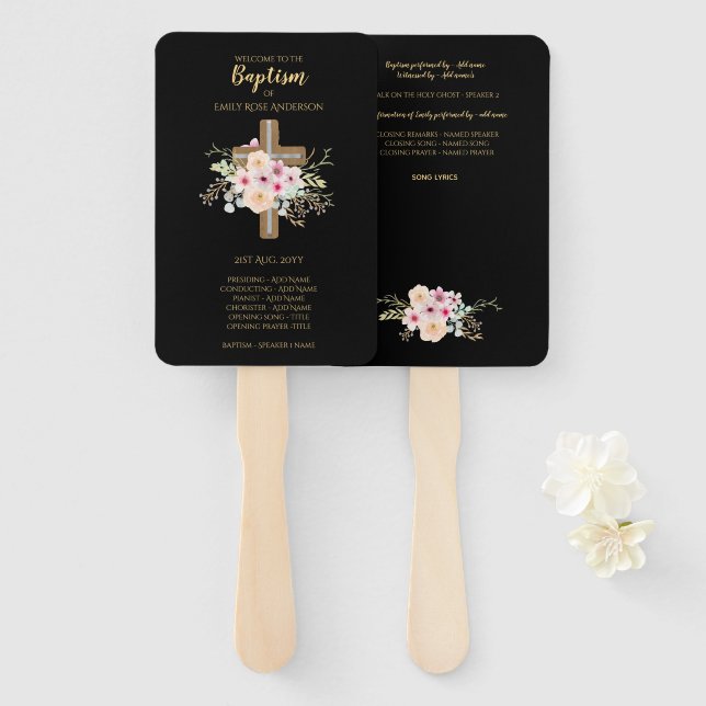 Éventail Ventilateur du programme de baptême - Floral Cross (Devant et derrière)