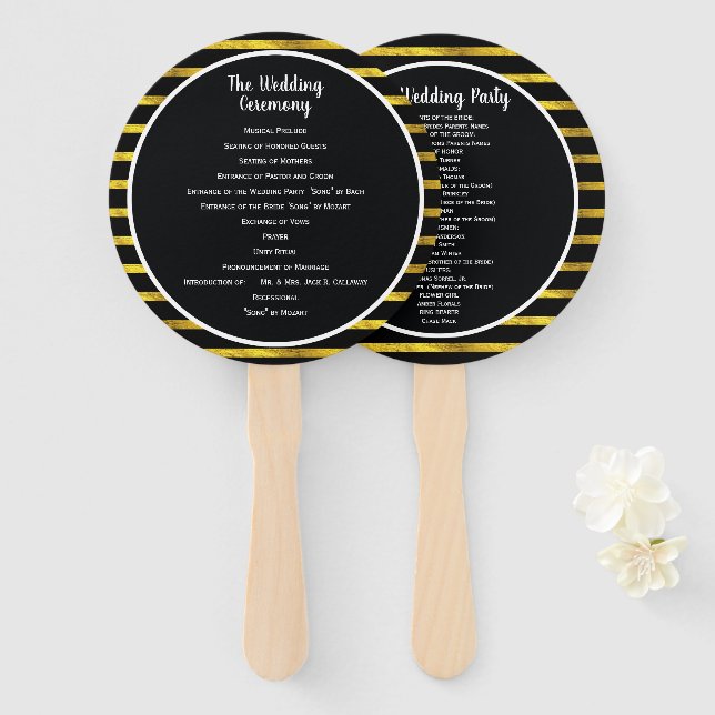 Éventail Ventilateur du programme de mariage Black and Gold (Devant et derrière)