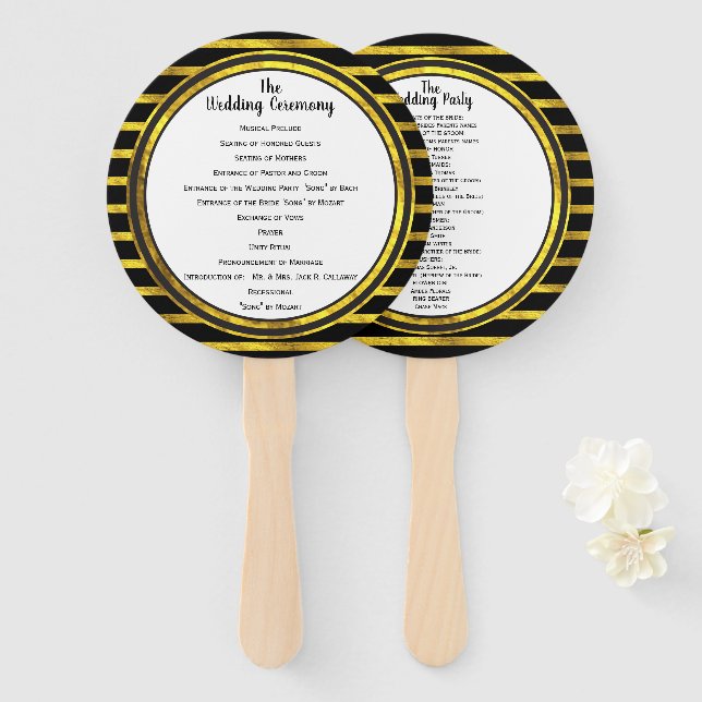 Éventail Ventilateur du programme de mariage Black and Gold (Devant et derrière)