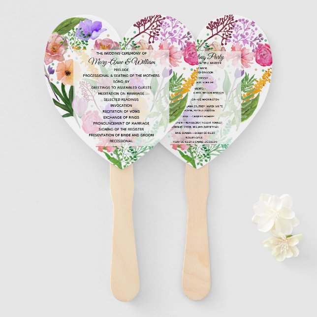 Éventail Ventilateur du programme de mariage du coeur flora (Devant et derrière)