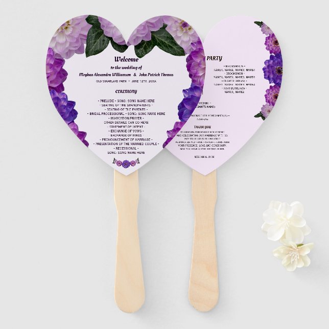Éventail Ventilateur du programme de mariage floral Dahlia  (Devant et derrière)