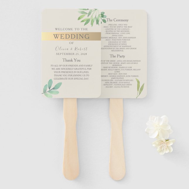 Éventail Ventilateur du programme de mariage Gold Green (Devant et derrière)