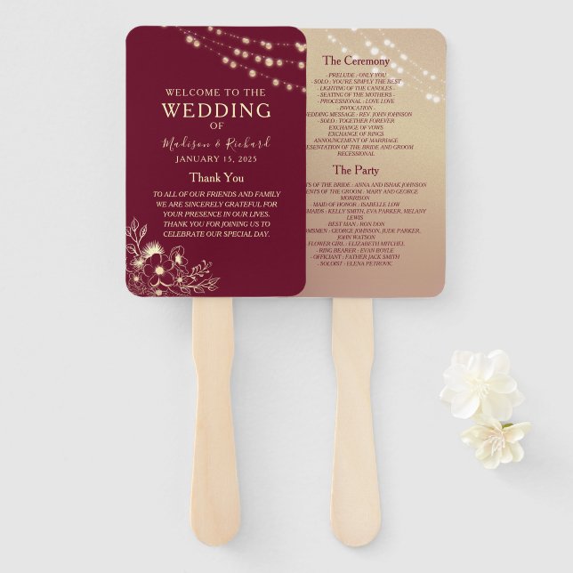 Éventail Ventilateur du Programme de Mariage Or Bourgogne (Devant et derrière)